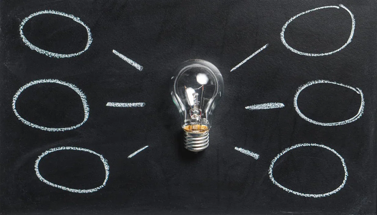 A light bulb linked to chalk circles on a blackboard.
