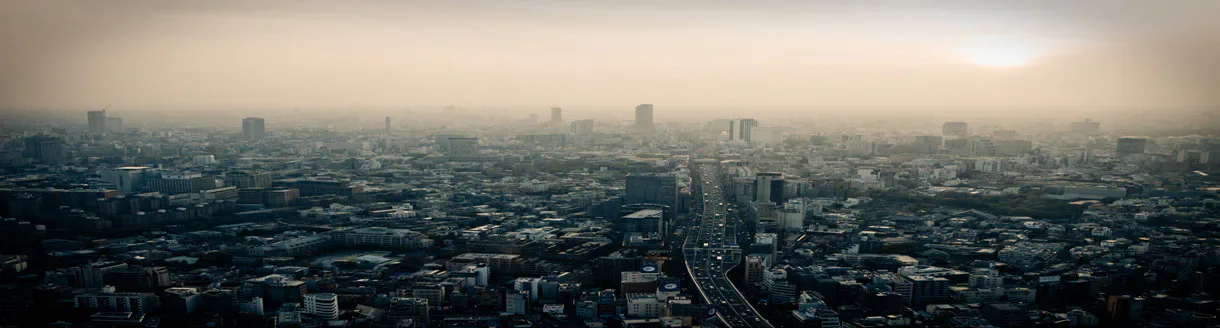 A hazy Japanese city skyline with a tower in the foreground.