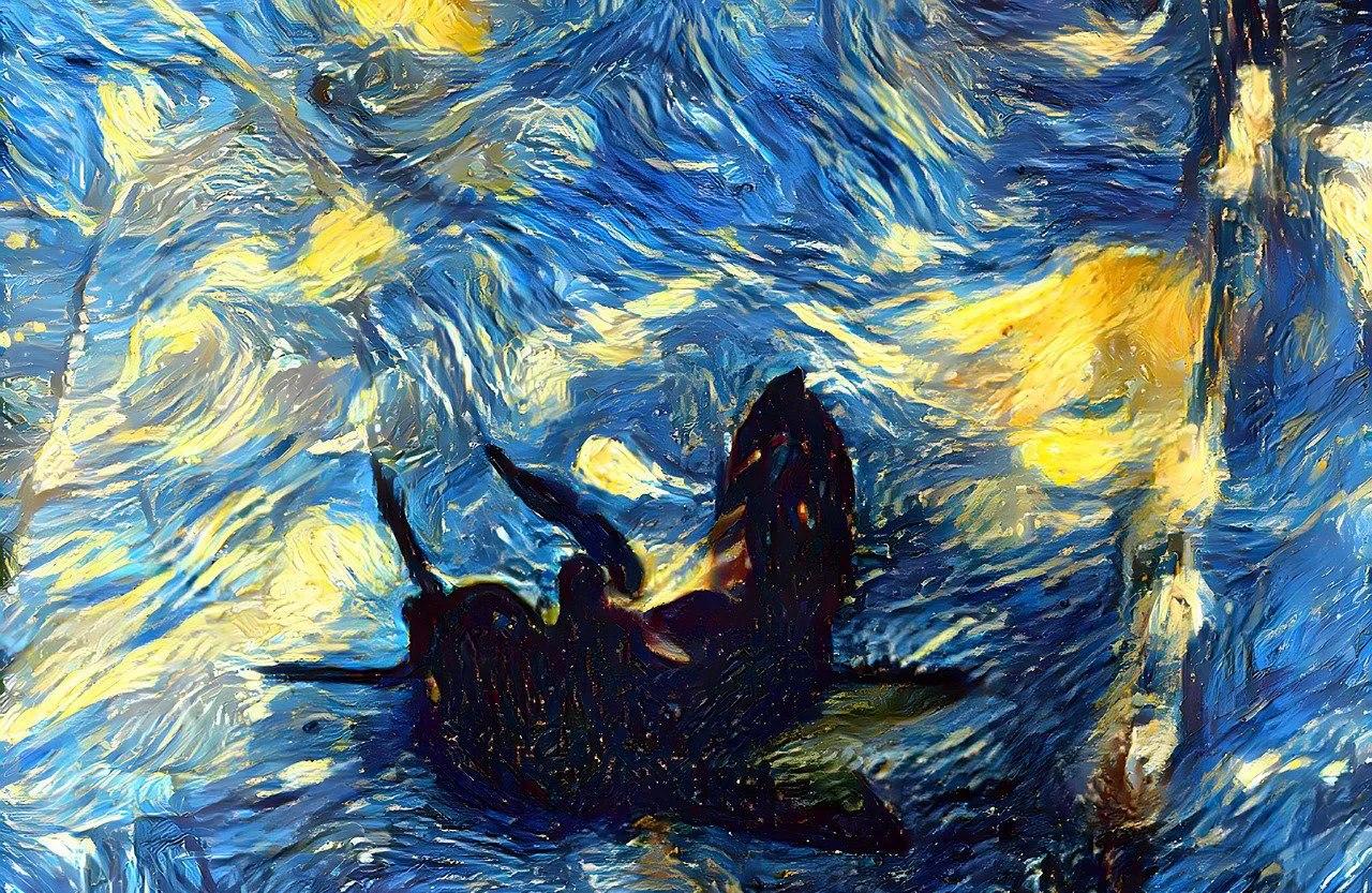 A black cat in a boat beneath a swirling blue and yellow painted sky.