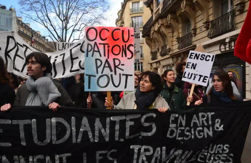 Demonstrators marching in Paris against pension reform.