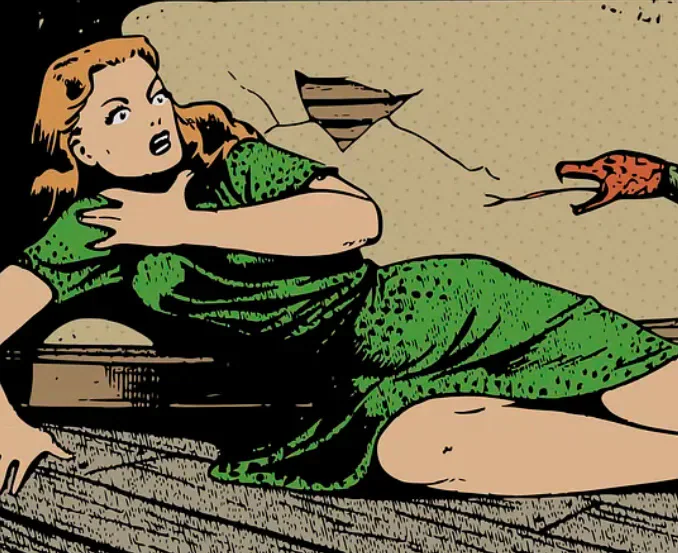 Pop-art illustration of a frightened woman recoiling from a hand