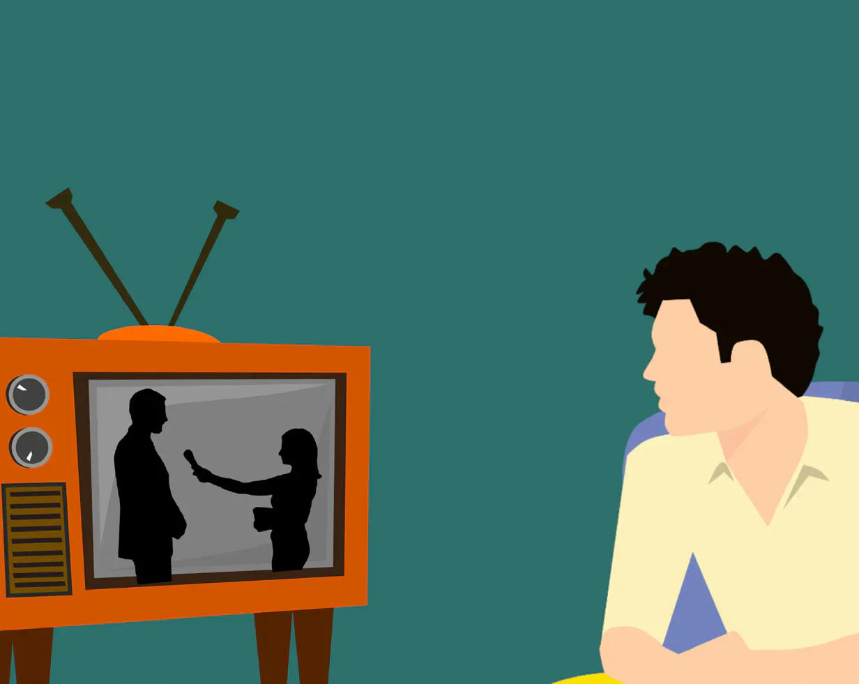 Illustration of a person watching an interview on a television