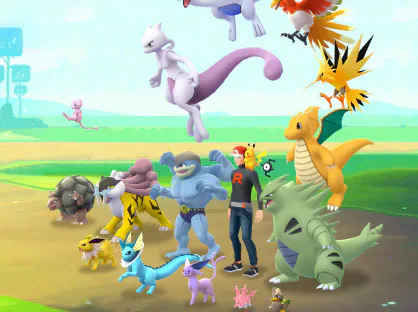 Pokémon characters gathered with a trainer in a grassy landscape