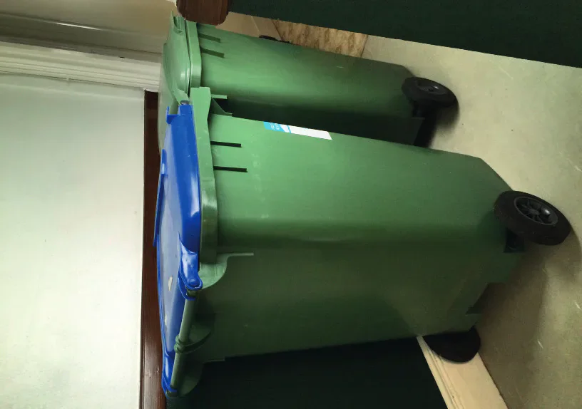 Two green wheelie bins, one with a blue lid, standing indoors against a wall