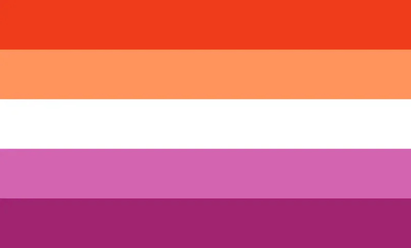 Two cropped horizontal colour bands from a lesbian pride flag, in red and orange and in pink and purple