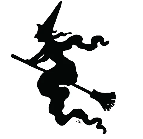 Black silhouette of a witch riding a broomstick