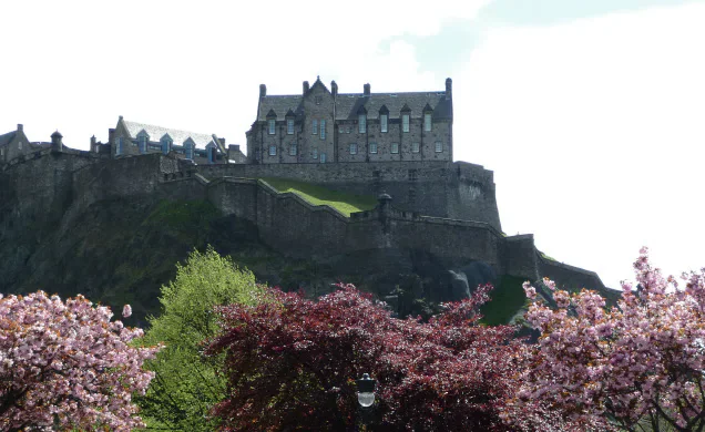 Edinburgh Castle above flowering trees