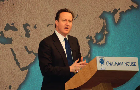 David Cameron speaking at a Chatham House lectern