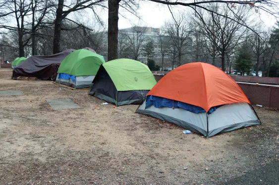 Colourful tents pitched beside a city park