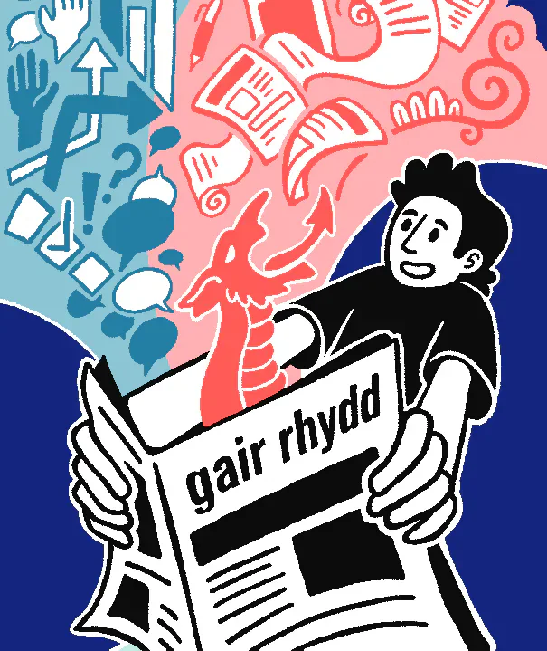 Illustrated Gair Rhydd poster showing a person holding a newspaper amid colourful symbols and a Welsh dragon.