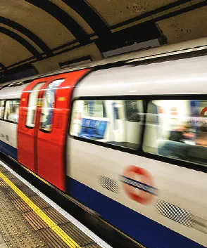 A London Underground train at a platform.