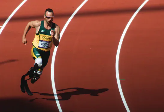 Oscar Pistorius running in the 400 metres at the London 2012 Paralympic Games.