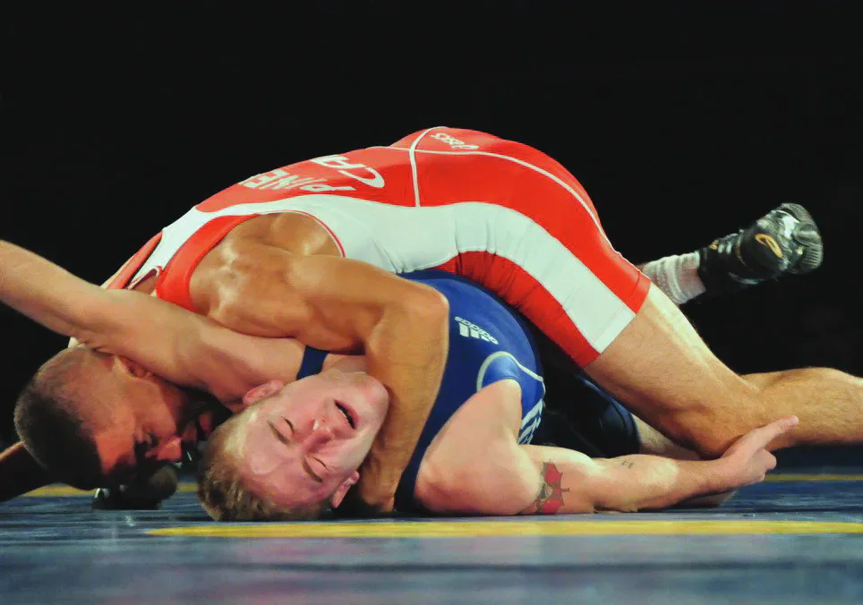 Two wrestlers competing.