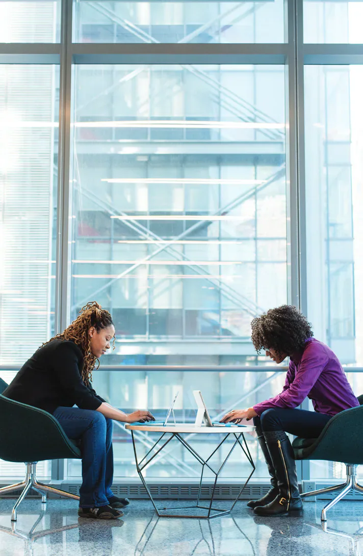 Two women working at laptops beside a window.