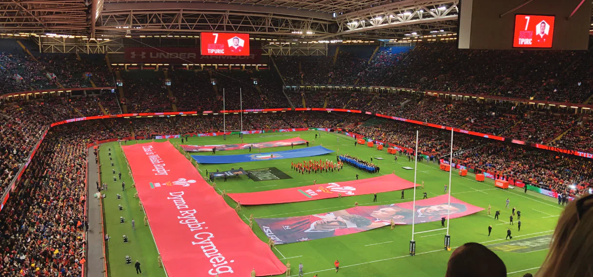 A rugby pitch prepared inside Principality Stadium.