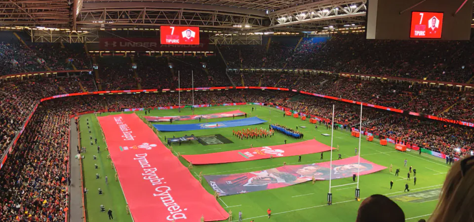 A rugby pitch prepared inside Principality Stadium.