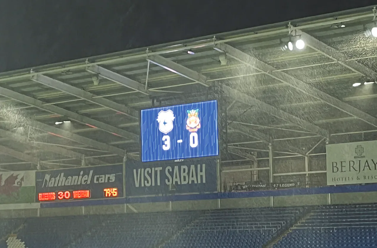 The scoreboard after Cardiff City Women defeated Wrexham Women 3–0.
