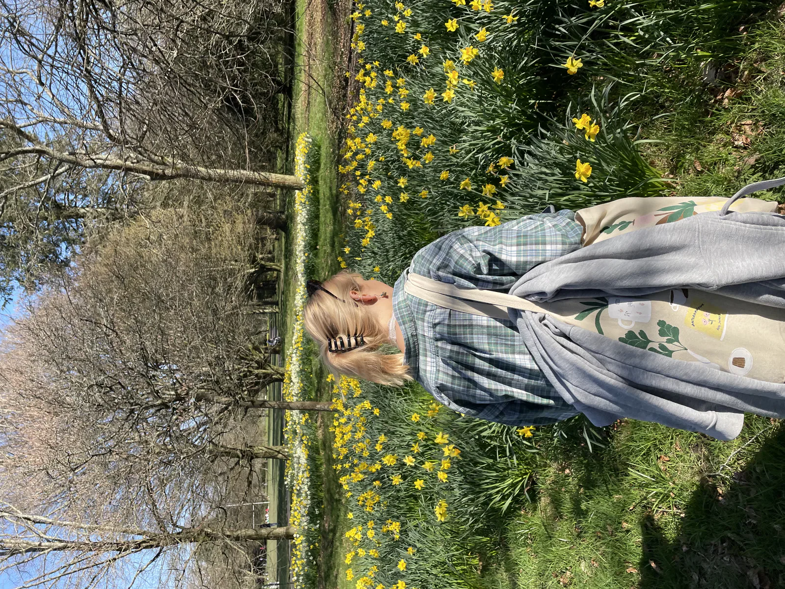 A person standing among daffodils in a park.