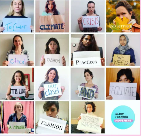 A grid of people holding signs spelling messages about ethical and sustainable fashion.