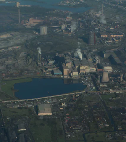 Aerial view of the Port Talbot Steelworks industrial complex.