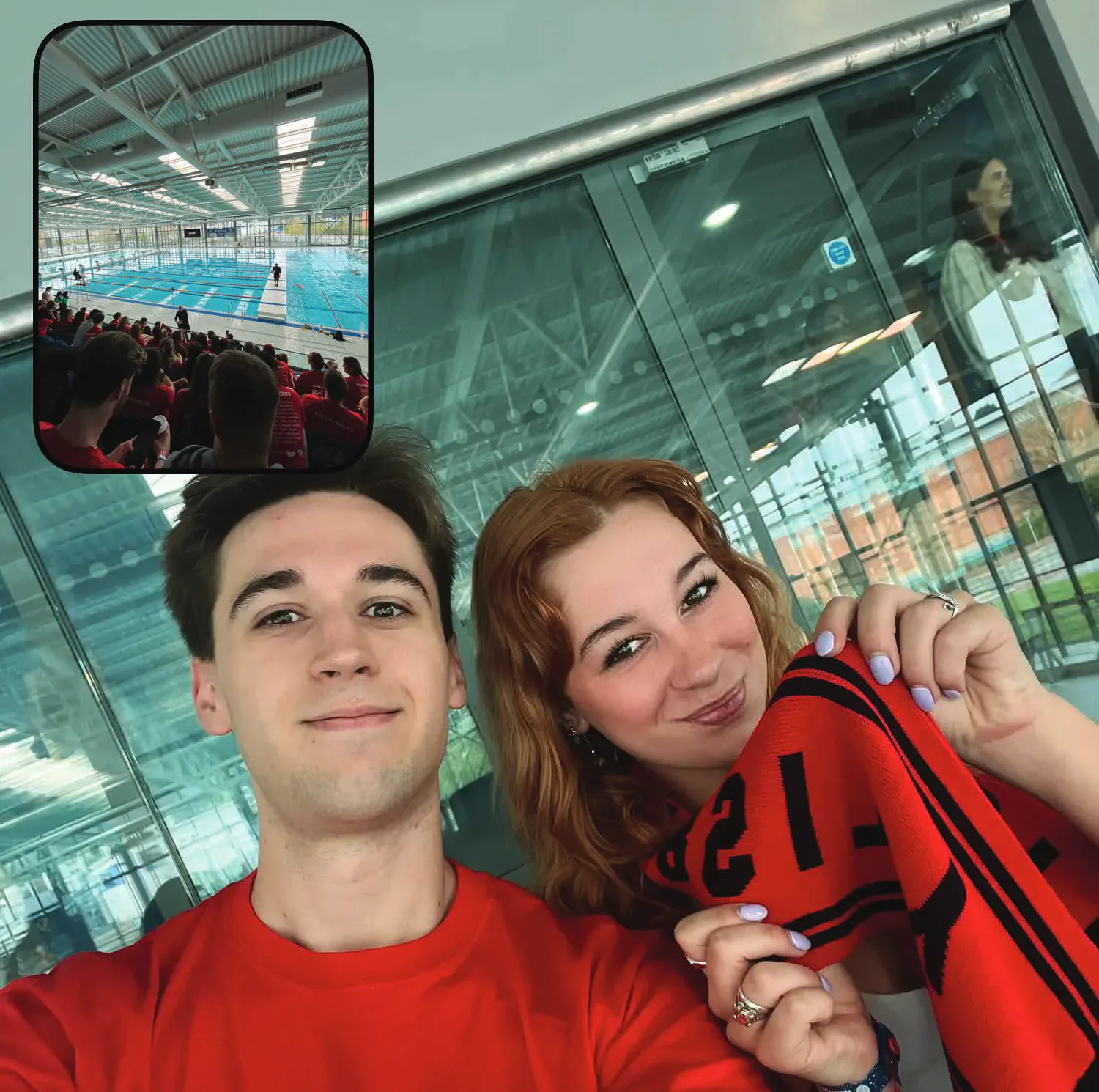 Two spectators in Cardiff red with an inset photograph of a swimming pool
