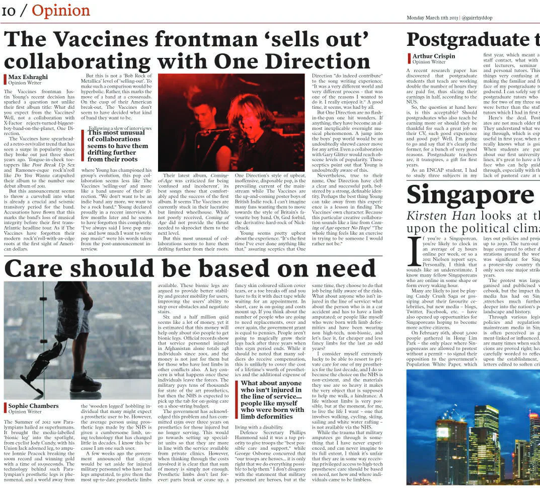 Left portion of reproduced Gair Rhydd Issue 1000 Opinion pages