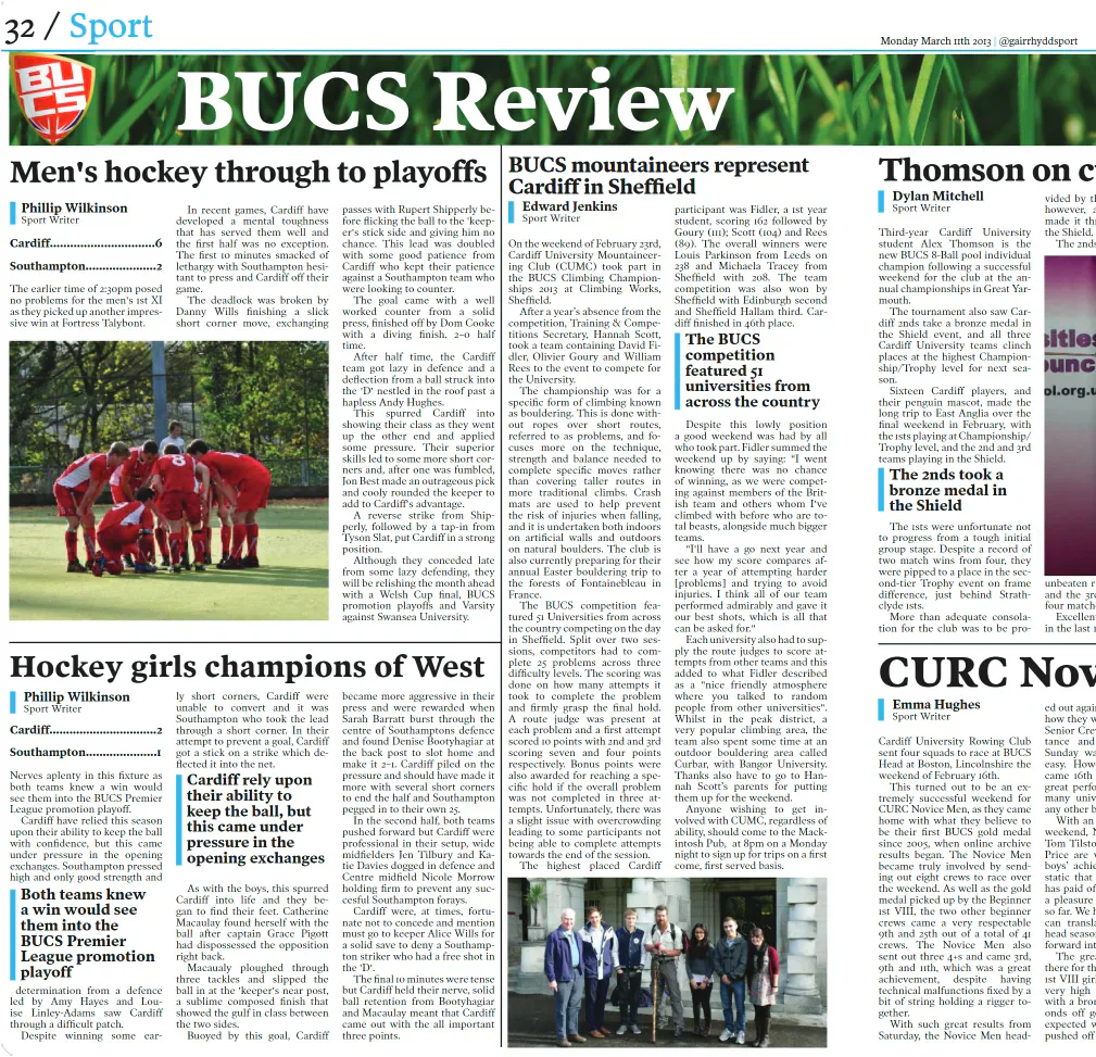 Left-hand page of the reproduced Gair Rhydd Issue 1000 BUCS Review spread