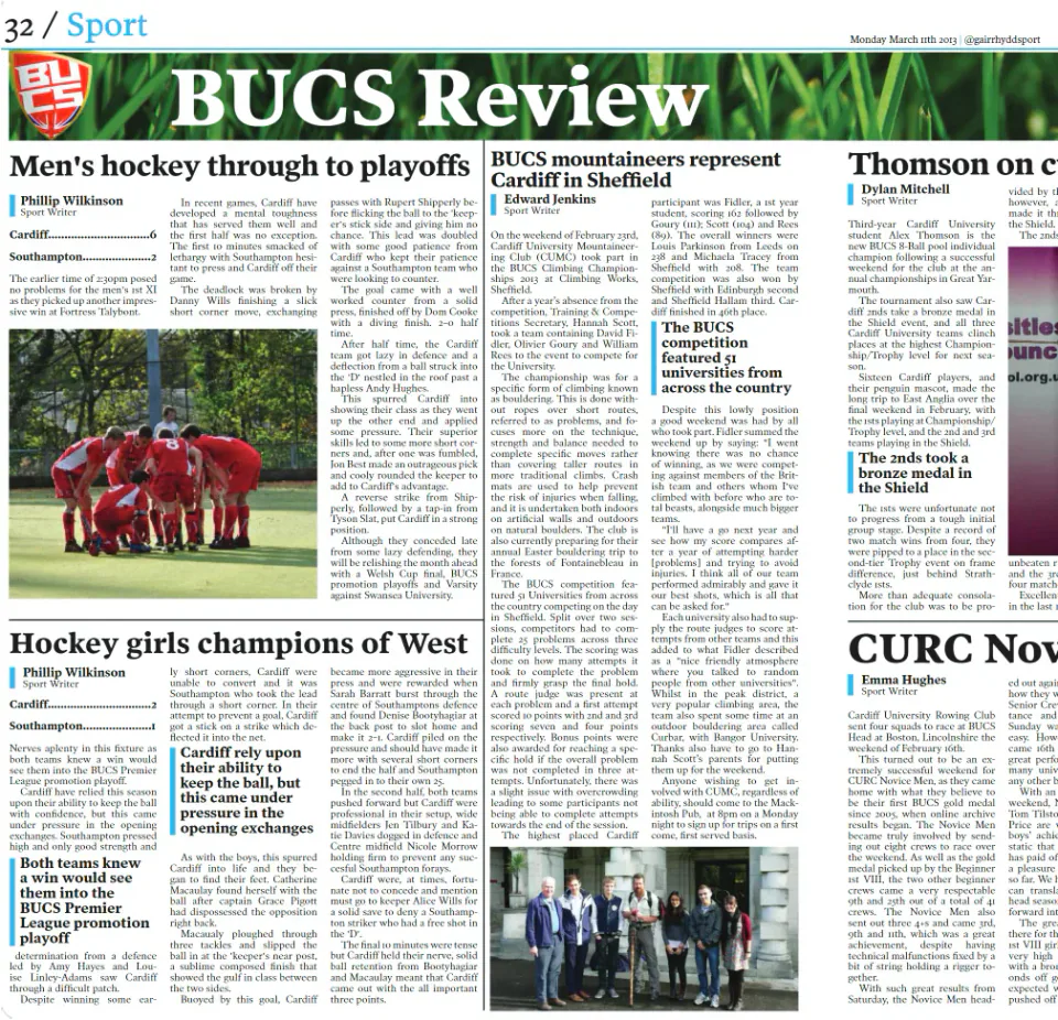 Left-hand page of the reproduced Gair Rhydd Issue 1000 BUCS Review spread