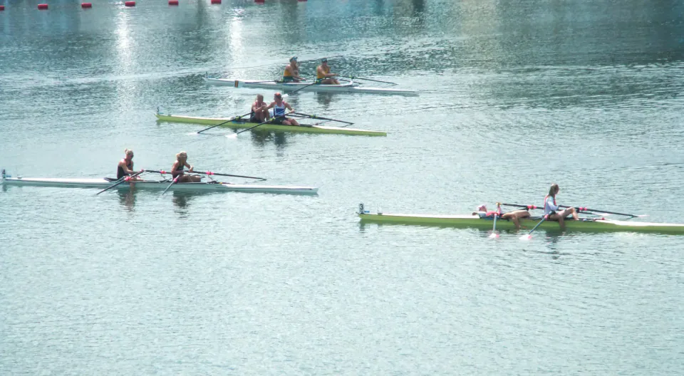 Four rowing crews racing across a lake