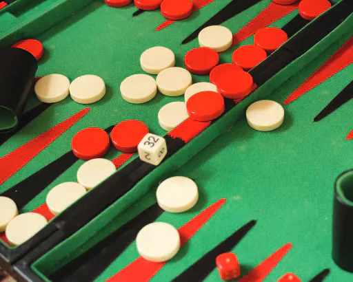 A backgammon board set up for play