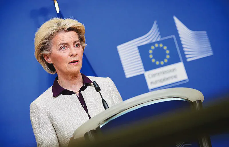 European Commission President Ursula von der Leyen speaking at a lectern