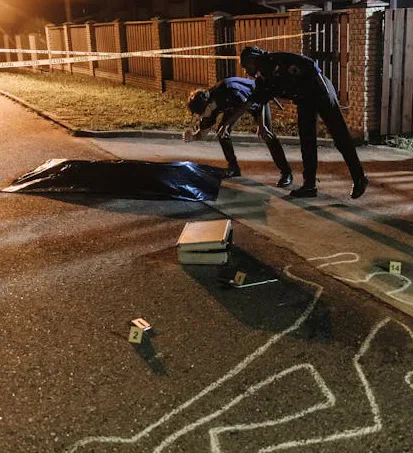 Investigators examining a covered body and evidence markers at night.