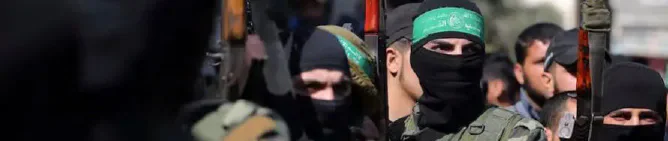 Masked Hamas militants wearing green headbands in a crowd.