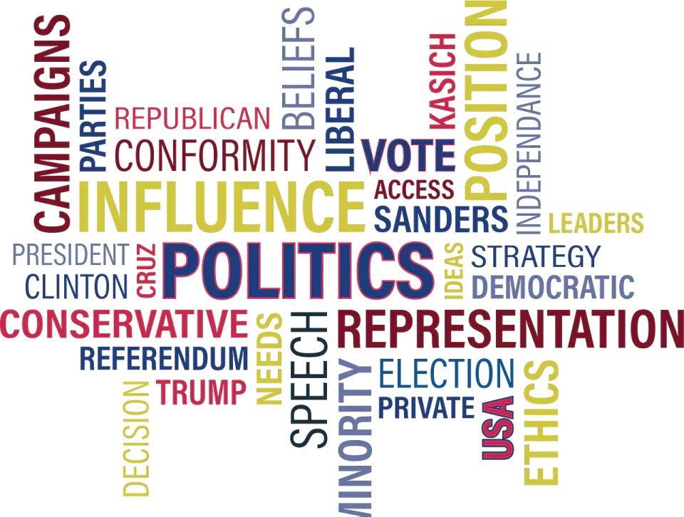 A colourful word cloud centred on politics, influence and representation.