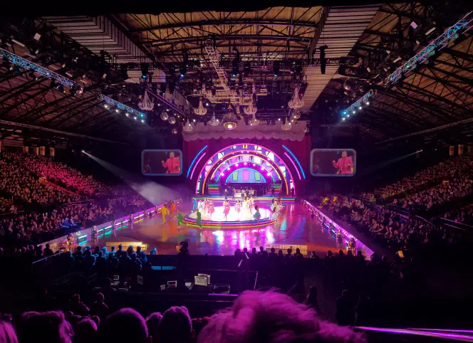 The brightly lit Strictly Come Dancing arena viewed from the audience.