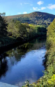 A river and wooded hillside viewed from Garth Hill.