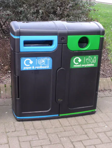 Cardiff recycling bins for paper and cardboard and mixed recyclables.