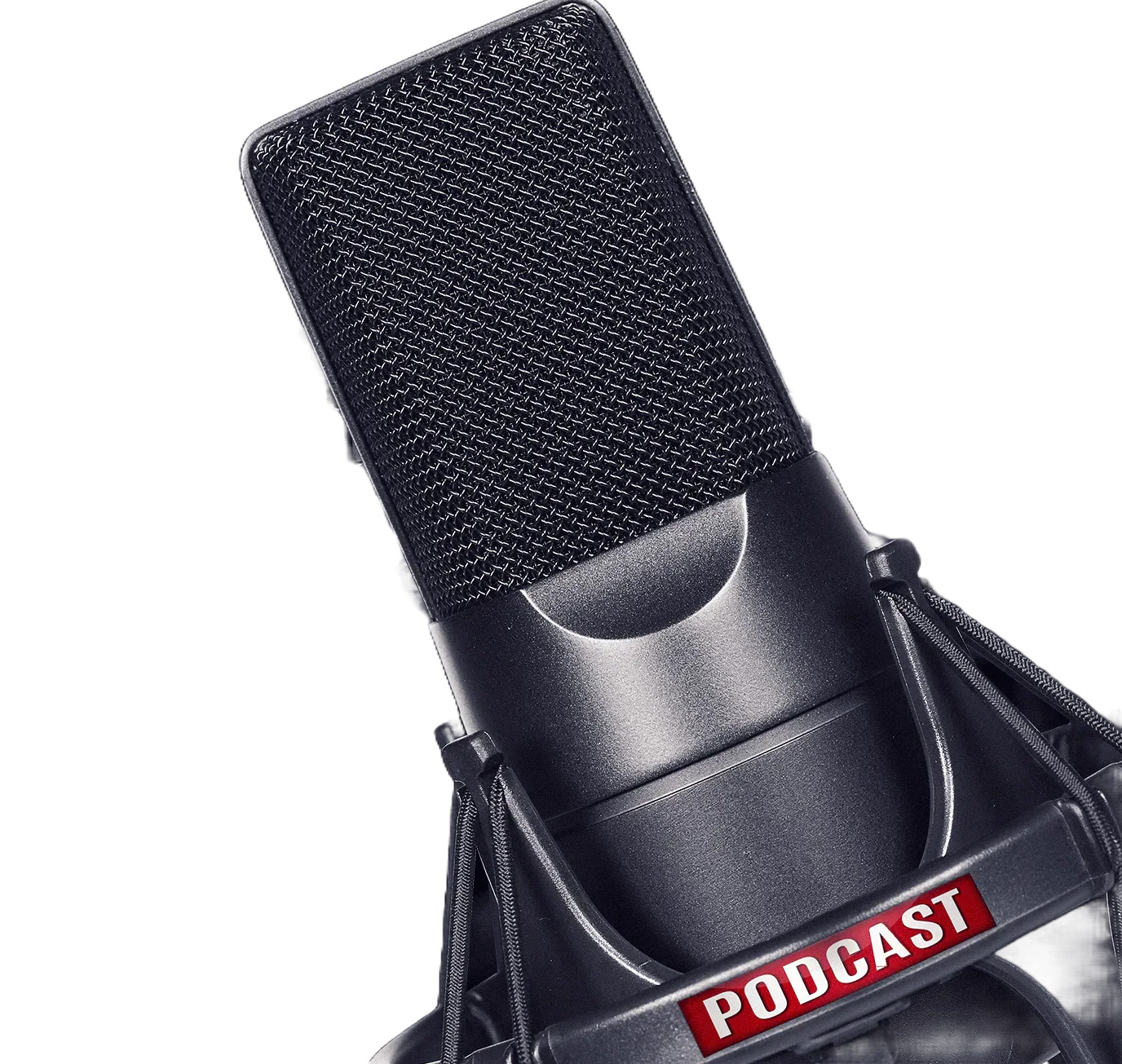 A black studio microphone labelled PODCAST