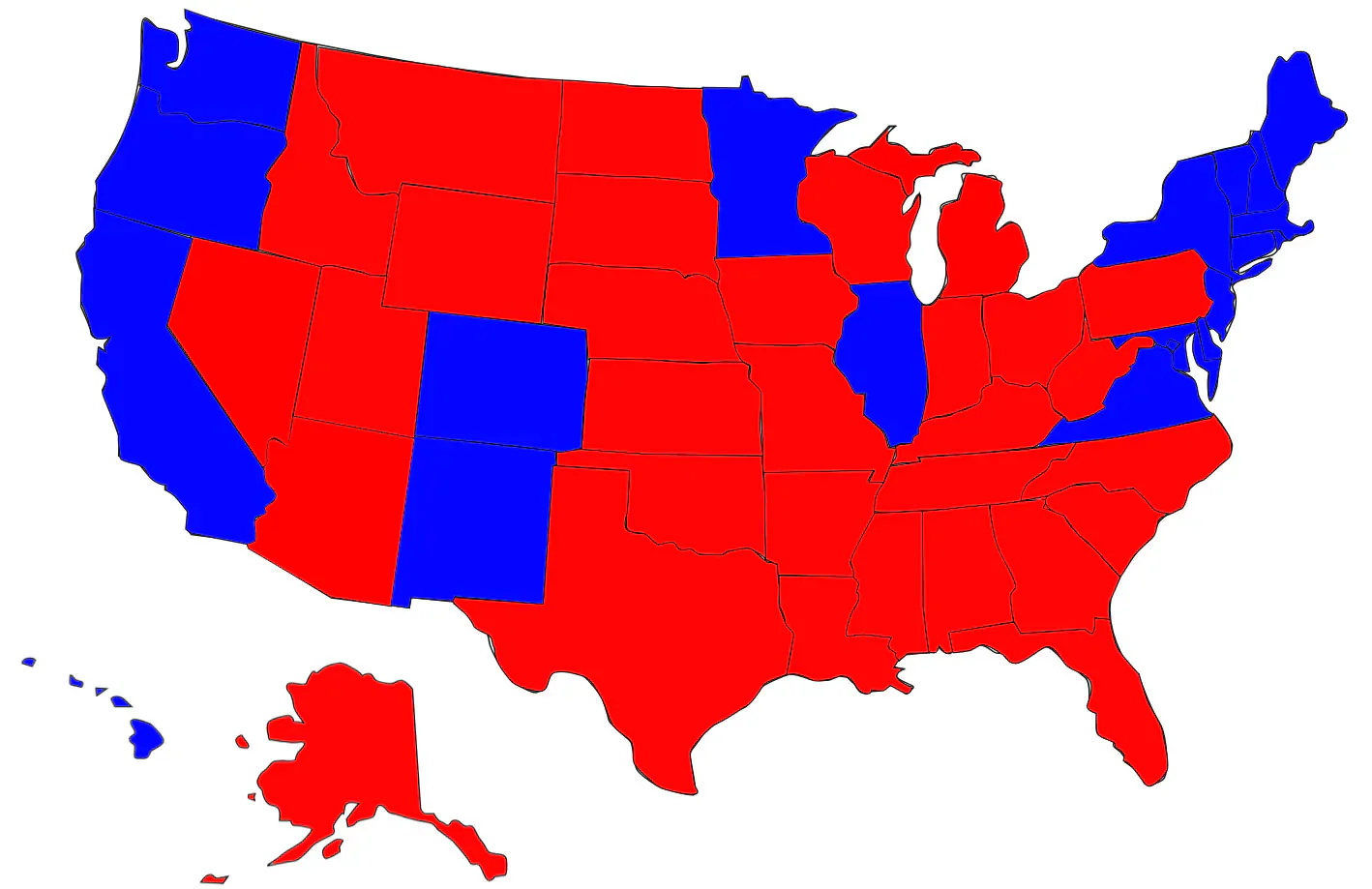 Map of United States election results with states coloured red or blue