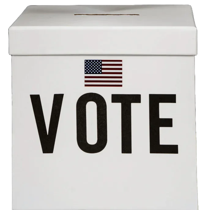 White ballot box marked VOTE with a small United States flag