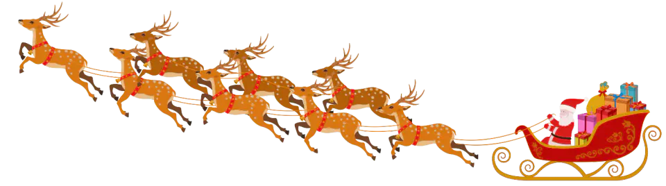 Illustration of Santa in a sleigh pulled by reindeer.