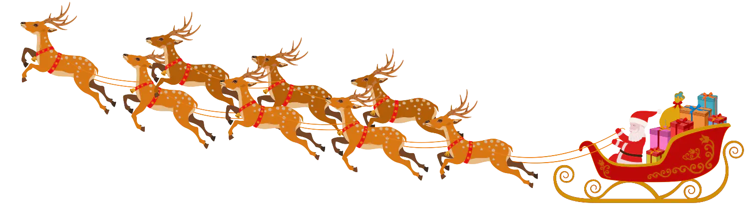 Illustration of Santa in a sleigh pulled by reindeer.