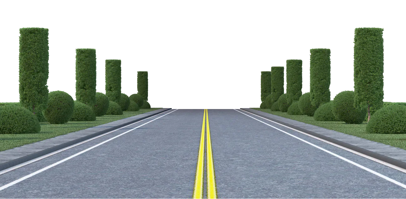 Illustration of a road lined with tall green hedges.
