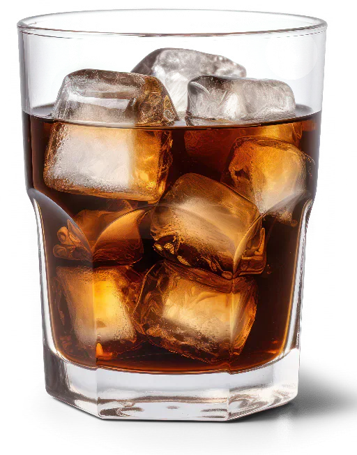 Illustration of a glass of dark drink with ice.