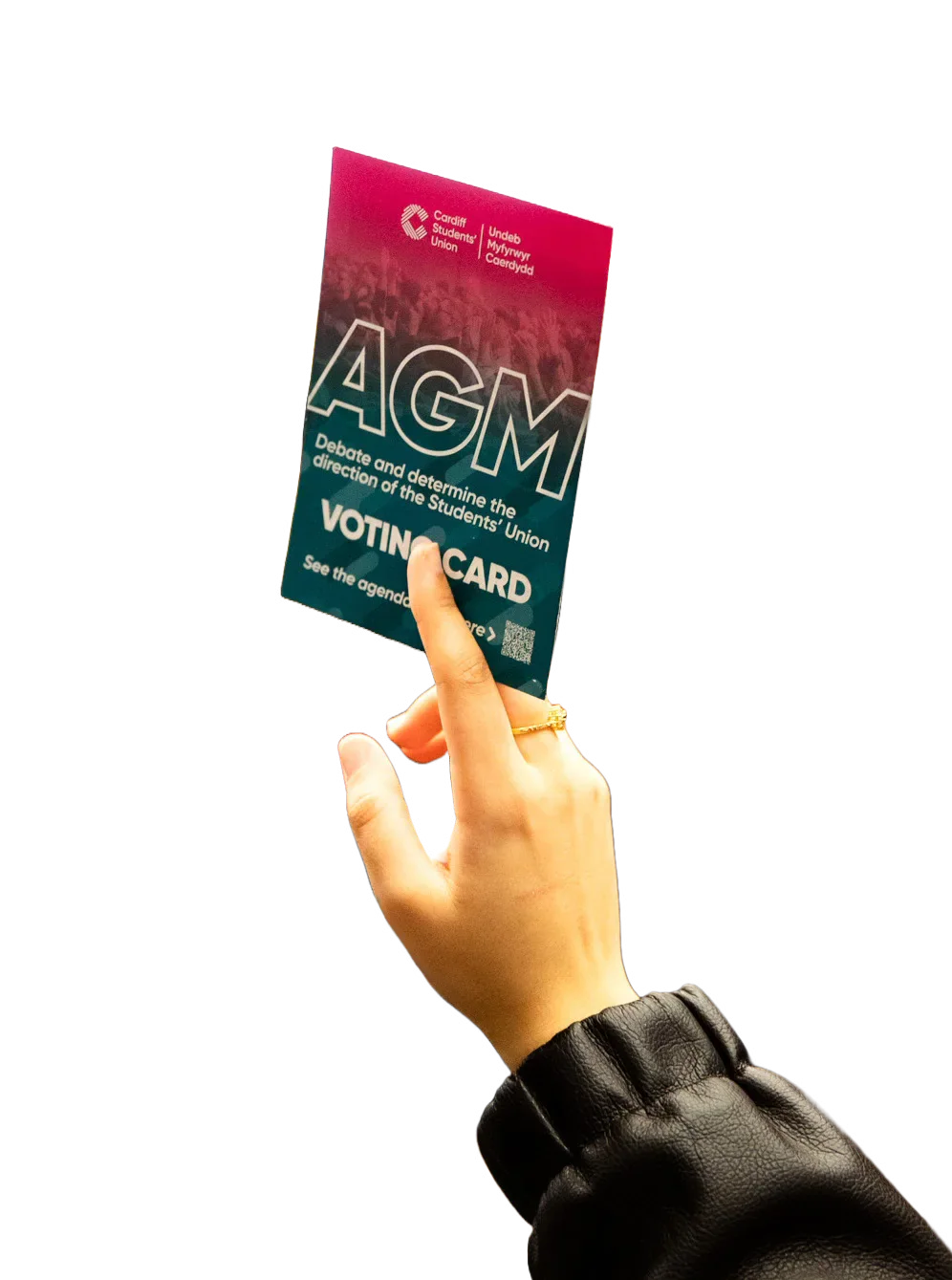 A hand holding a Cardiff Students’ Union AGM voting card.