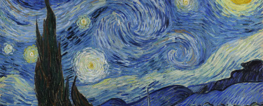 Detail of the swirling blue sky and stars in Van Gogh’s The Starry Night.