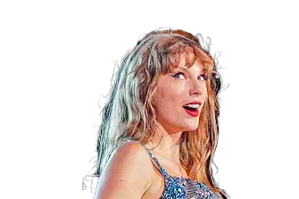 Taylor Swift performing in a blue sequinned outfit with a microphone.