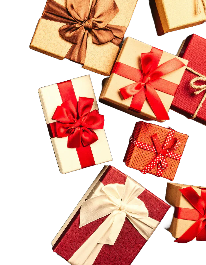 Wrapped presents with red and gold ribbons.