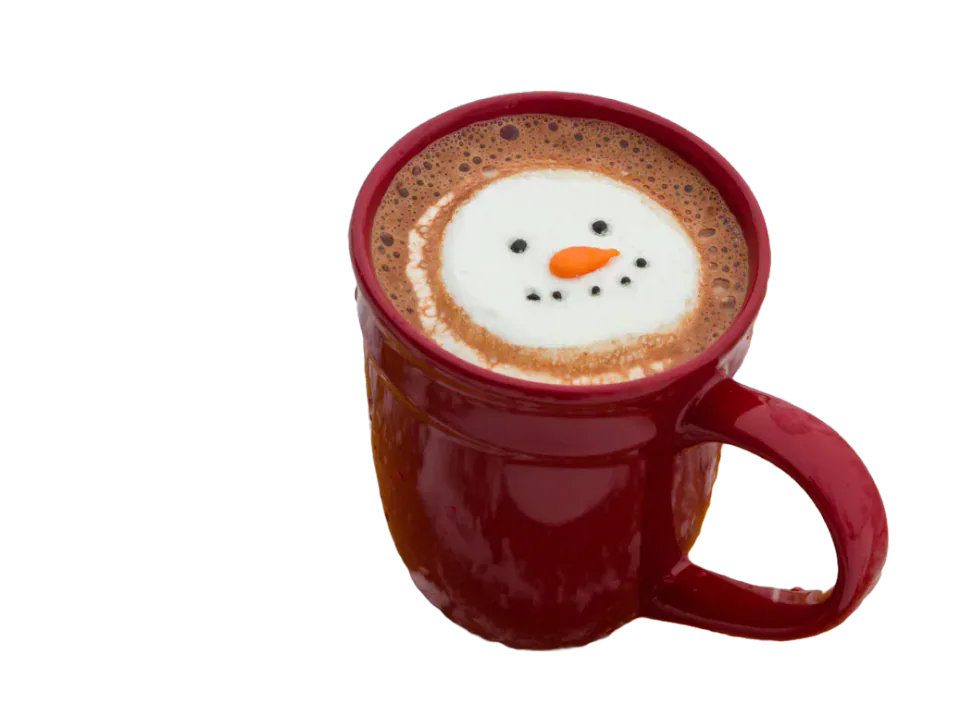 Red mug of hot chocolate with a snowman-shaped topping.