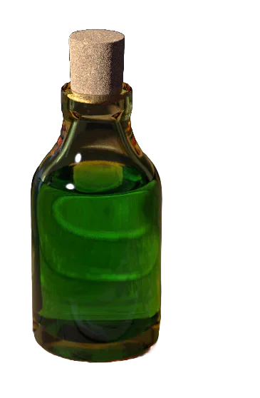 Illustration of a corked bottle containing green liquid.